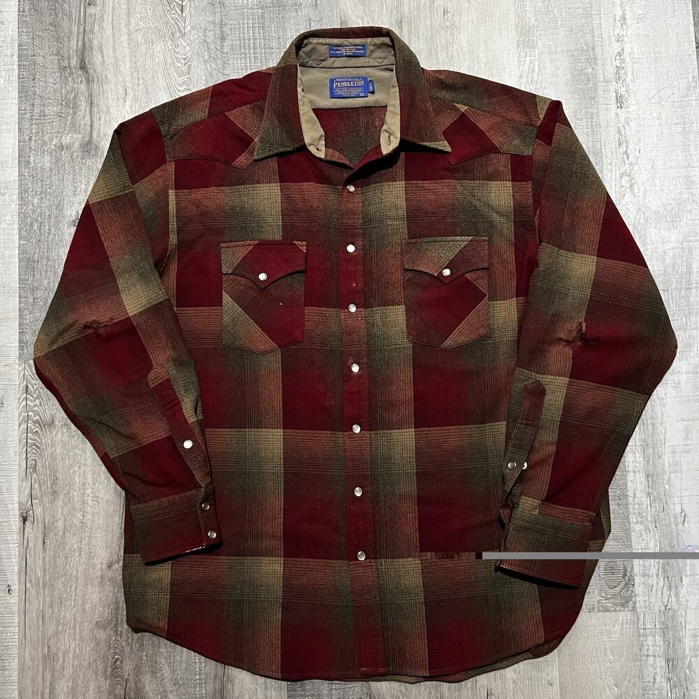 Pendleton High Grade Western Wear Shirt Mens Red Shadow Plaid Wool Pearl Snap XL